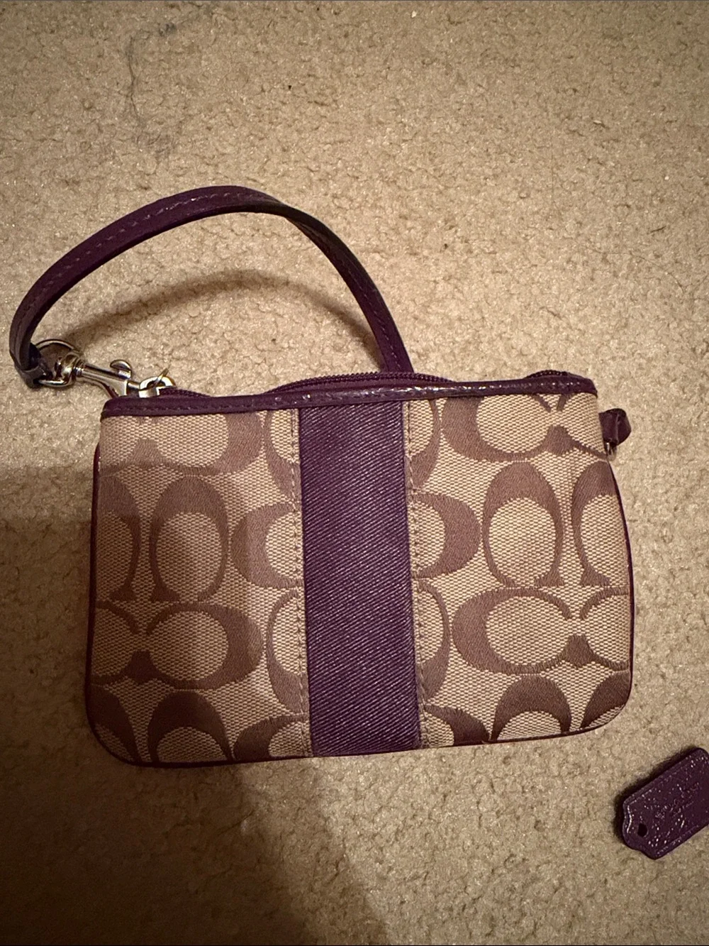 Coach Brown Signature Canvas Wristlet with Plum Trim